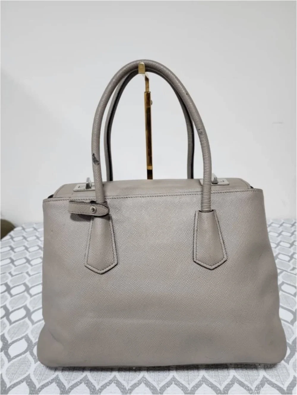 Authentic Prada Grey Saffiano Cuir Leather Twin Tote Bag
